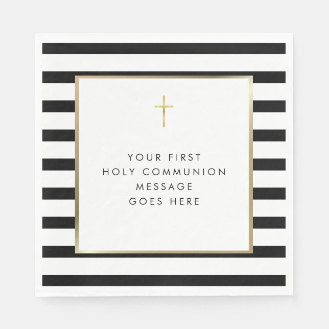 Chic Stripe Gold Cross Holy Communion Message Napkins (Front)