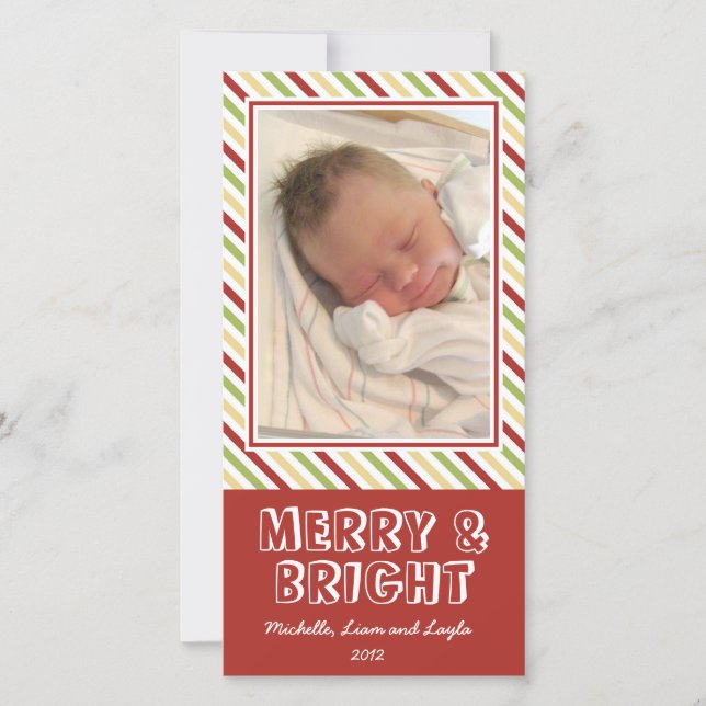 Chic stripe merry bright Christmas family photo Holiday Card (Front)