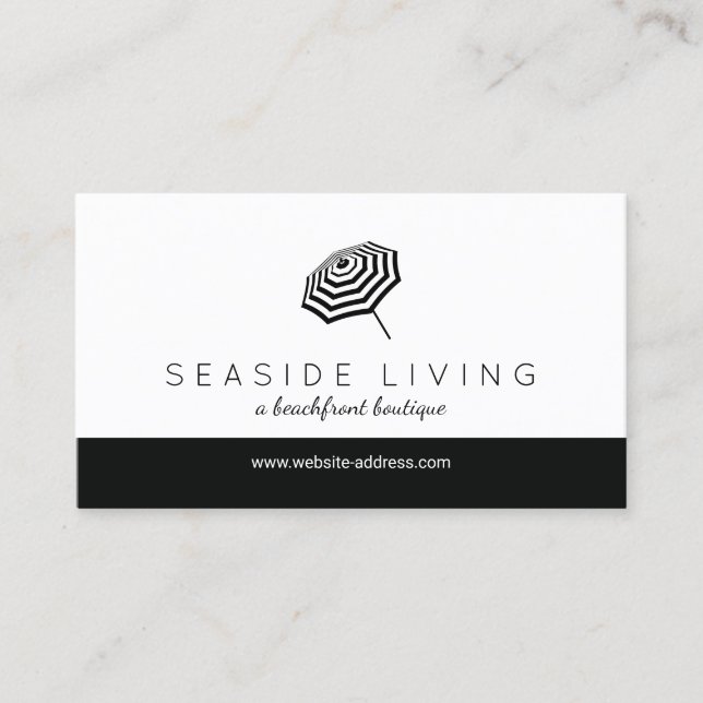 Chic Striped Beach Umbrella Logo Boutique Business Card (Front)
