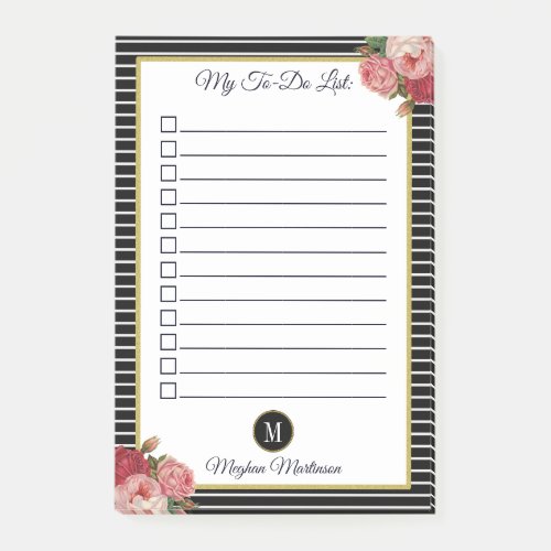 Chic Striped Black Floral Monogram To Do List Post_it Notes