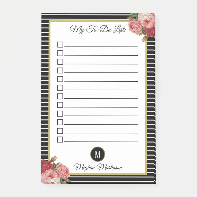 Chic Striped Black Floral Monogram To Do List Post-it Notes (Front)