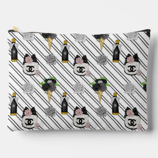 Chic Striped Floral & Champagne Makeup Pouch