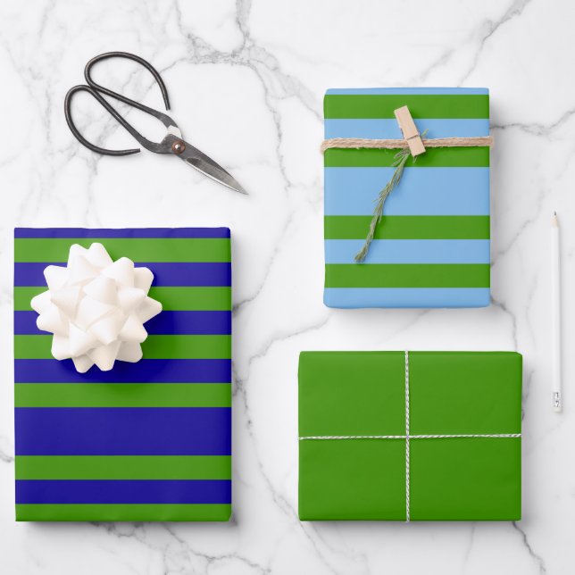Chic Striped Grass Green and Blue Wrapping Paper (Front)