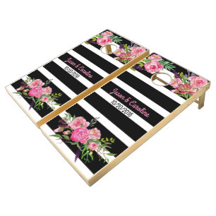 Chic Stripes and Flowers Wedding Cornhole Set