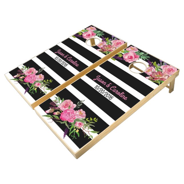 Chic Stripes and Flowers Wedding Cornhole Set (Angled)