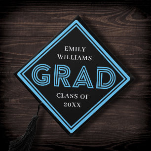 Chic Stripes Black + Blue Type Grad Graduation Cap Topper