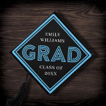 Chic Stripes Black   Blue Type Grad Graduation Cap Topper<br><div class="desc">This modern graduation cap topper features modern blue typography and striped frame over a black background. All colors are customizable!</div>