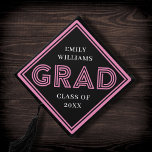 Chic Stripes Black   Pink Type Grad Graduation Cap Topper<br><div class="desc">This modern graduation cap topper features modern pink typography and striped frame over a black background. All colors are customizable!</div>