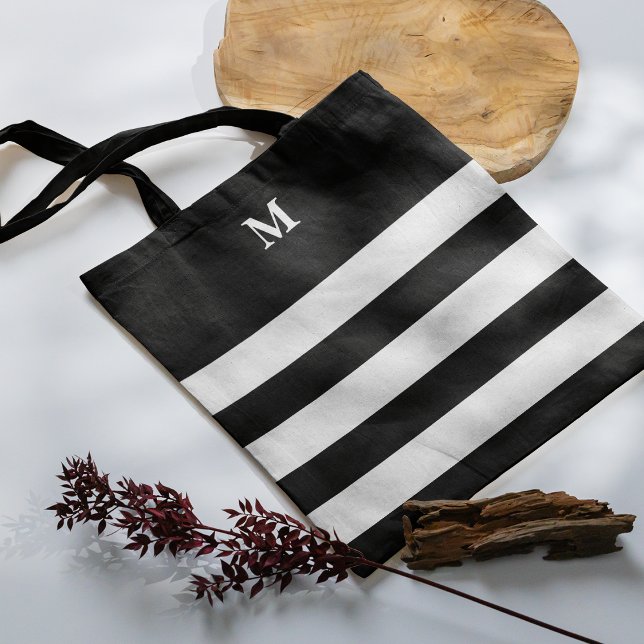 Chic Stripes Black White Monogrammed Tote Bag (Creator Uploaded)