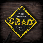Chic Stripes Black   Yellow Type Grad Graduation Cap Topper<br><div class="desc">This modern graduation cap topper features modern yellow typography and striped frame over a black background. All colors are customizable!</div>