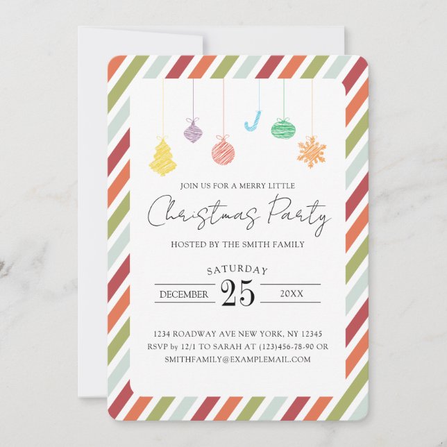 Chic Stripes & Christmas Ornament Christmas Party Holiday Card (Front)