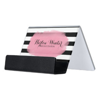 Chic Stripes Pink Black White Desk Business Card Holder