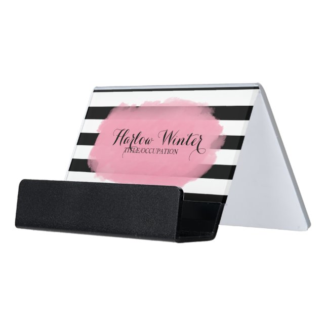 Chic Stripes Pink Black White Desk Business Card Holder (Angled Front)