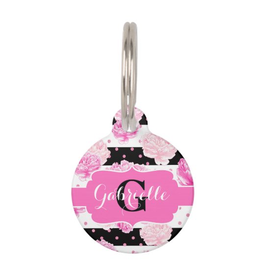Chic Stripes Pink Flowers Name Initial Cat Or Dog Pet Name Tag