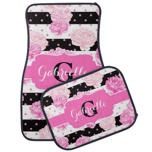 Chic Stripes Pink Watercolor Floral Monogram Car Floor Mat