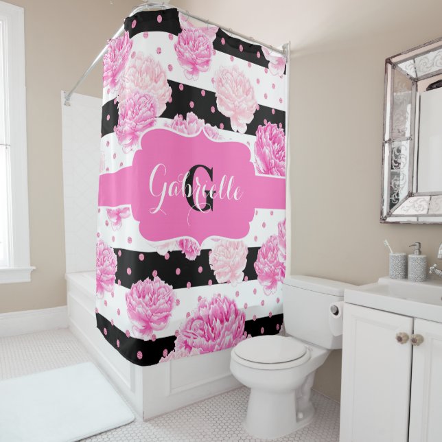 Chic Stripes Pink Watercolor Floral Monogram Shower Curtain (In Situ)