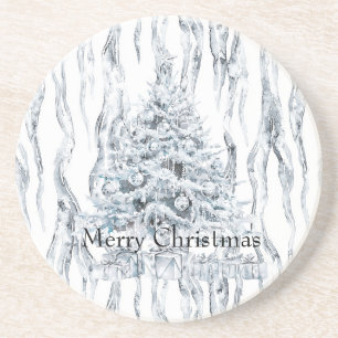 Chic Stripes Silver Christmas Tree Coaster