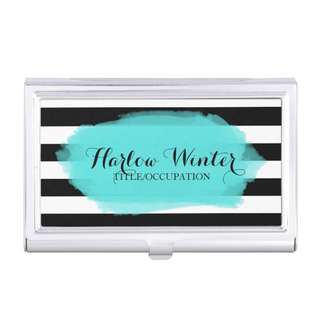 Chic Stripes Turquoise Black White Case For Business Cards (Front)