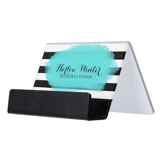 Chic Stripes Turquoise Black White Desk Business Card Holder (Angled Front)