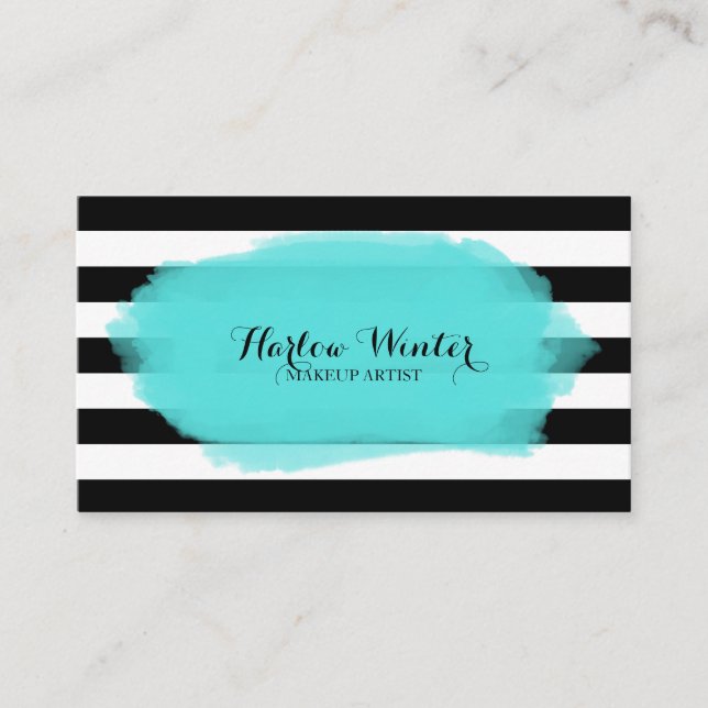 Chic Stripes Turquoise Black White Makeup Artist Business Card (Front)