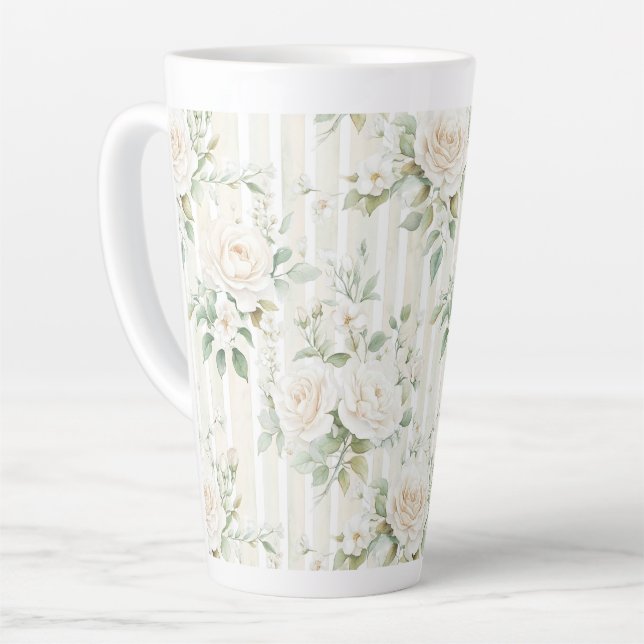 Chic Stripes White Floral Romantic Wedding Latte Mug (Left Angle)