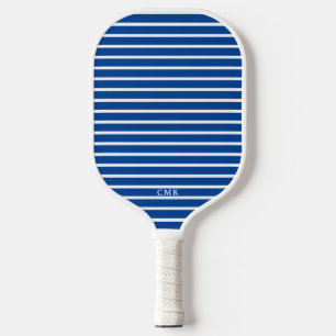 Chic Stripes with Monogram   Bright Blue and White Pickleball Paddle