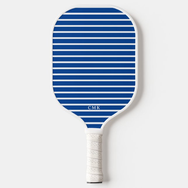Chic Stripes with Monogram | Bright Blue and White Pickleball Paddle (Front)