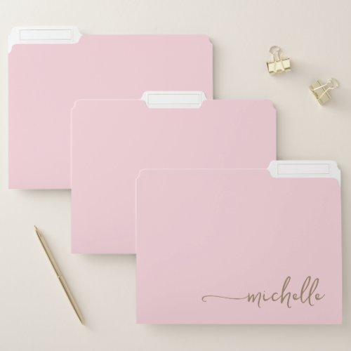 Chic Stylish Baby Pink Custom Name Gold Script File Folder