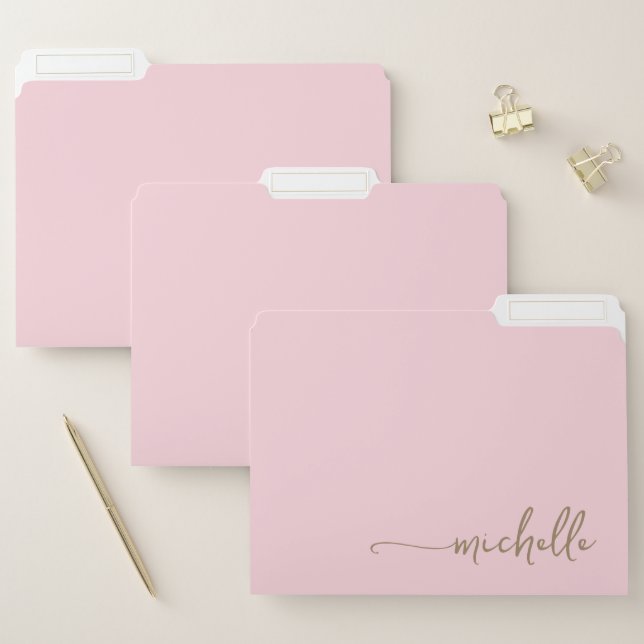 Chic Stylish Baby Pink Custom Name Gold Script File Folder (Set)
