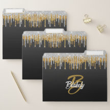 Chic Stylish Black Gold Glitter Drip Monogram