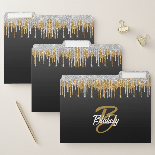 Chic Stylish Black Gold Glitter Drip Monogram File Folder (Set)