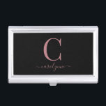 Chic Stylish Black Rose Gold Monogram Script Business Card Case<br><div class="desc">Chic Elegant Pink Rose Gold Monogram Script on a chic Black Business Card Case. Easy to customize with your own name and details. Perfect for your luxury lifestyle! Please contact us at cedarandstring@gmail.com if you need assistance with the design or matching products.</div>
