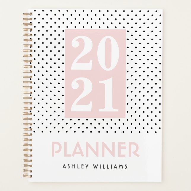 Chic stylish black white polka dot planner (Front)