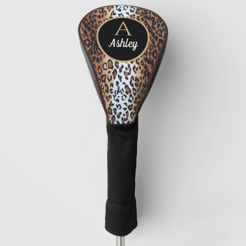 Chic Stylish Brown Black White Leopard Custom Name Golf Head Cover