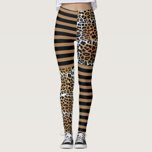 Chic Stylish Brown Leopard & Black Brown Stripes Leggings