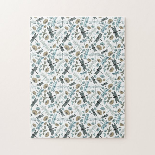 Chic Stylish Dragonflies Blues Teals Gray Flowers Jigsaw Puzzle (Vertical)