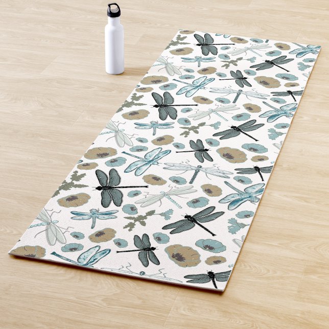 Chic Stylish Dragonfly Flowers Blues Gray Yoga Mat (Chic Stylish Dragonfly Flowers Blues Gray Yoga Mat from Jenn's Emporium. )