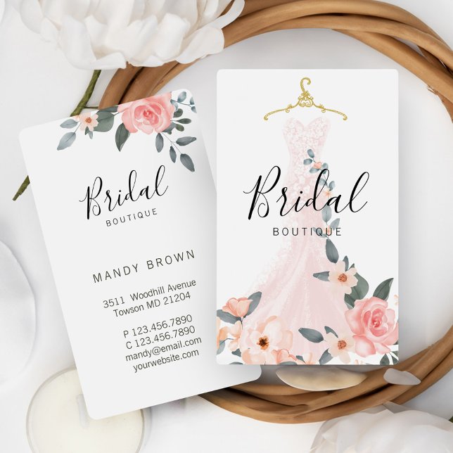 Chic Stylish Floral Wedding Dress Bridal Boutique Business Card (Chic Stylish Floral Wedding Dress Bridal Boutique Business Card)