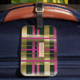 Chic & Stylish Fuchsia Green Plaid Personalized Luggage Tag