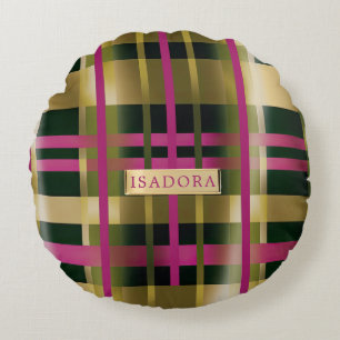 Chic & Stylish Fuchsia Green Plaid Personalized Round Pillow