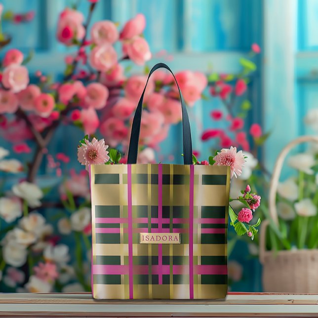 Chic & Stylish Fuchsia Green Plaid Personalized  Tote Bag (Stylish Spring Pink and Green Monogram Tote)