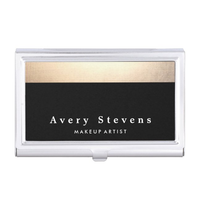Chic Stylish Gold and Black Striped Business Card Holder (Front)