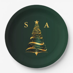 Chic Stylish Gold Christmas Tree Monogram Wedding Paper Plates