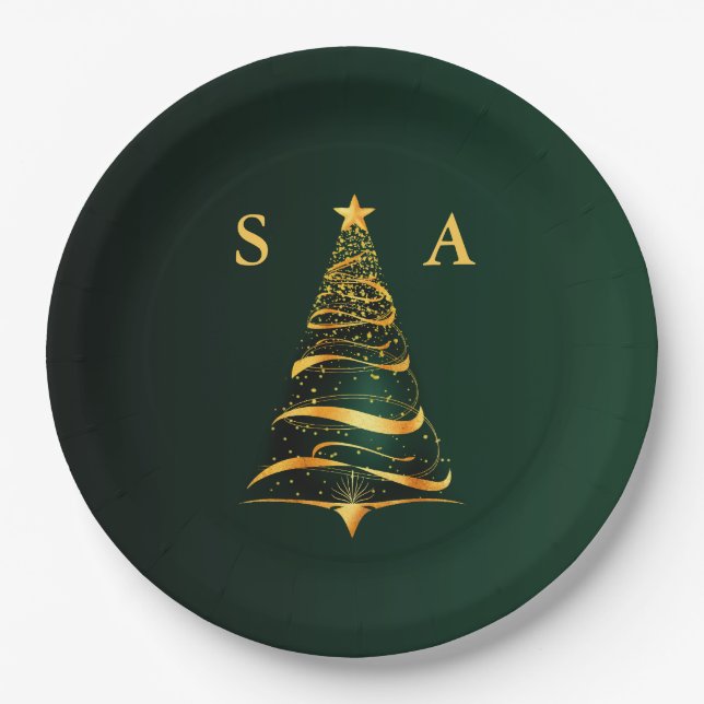 Chic Stylish Gold Christmas Tree Monogram Wedding Paper Plates (Front)