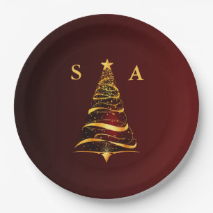 Chic Stylish Gold Christmas Tree Monogram Wedding Paper Plates