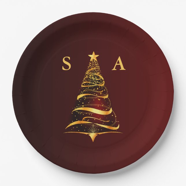 Chic Stylish Gold Christmas Tree Monogram Wedding Paper Plates (Front)