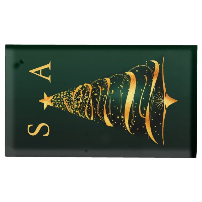 Chic Stylish Gold Christmas Tree Monogram Wedding Place Card Holder (Front)