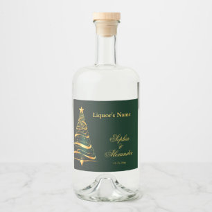 Chic Stylish Golden Christmas Tree Wedding Liquor Bottle Label