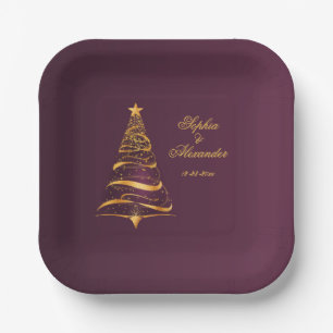 Chic Stylish Golden Christmas Tree Wedding Paper Plates