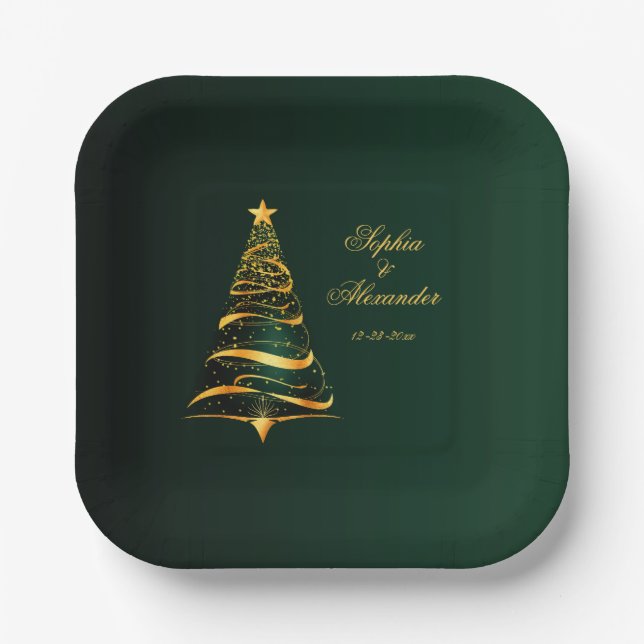 Chic Stylish Golden Christmas Tree Wedding Paper Plates (Front)